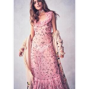 LoveShackFancy Pink Sequin Ruffle Maxi Dress Bubblegum One Shoulder Size 2